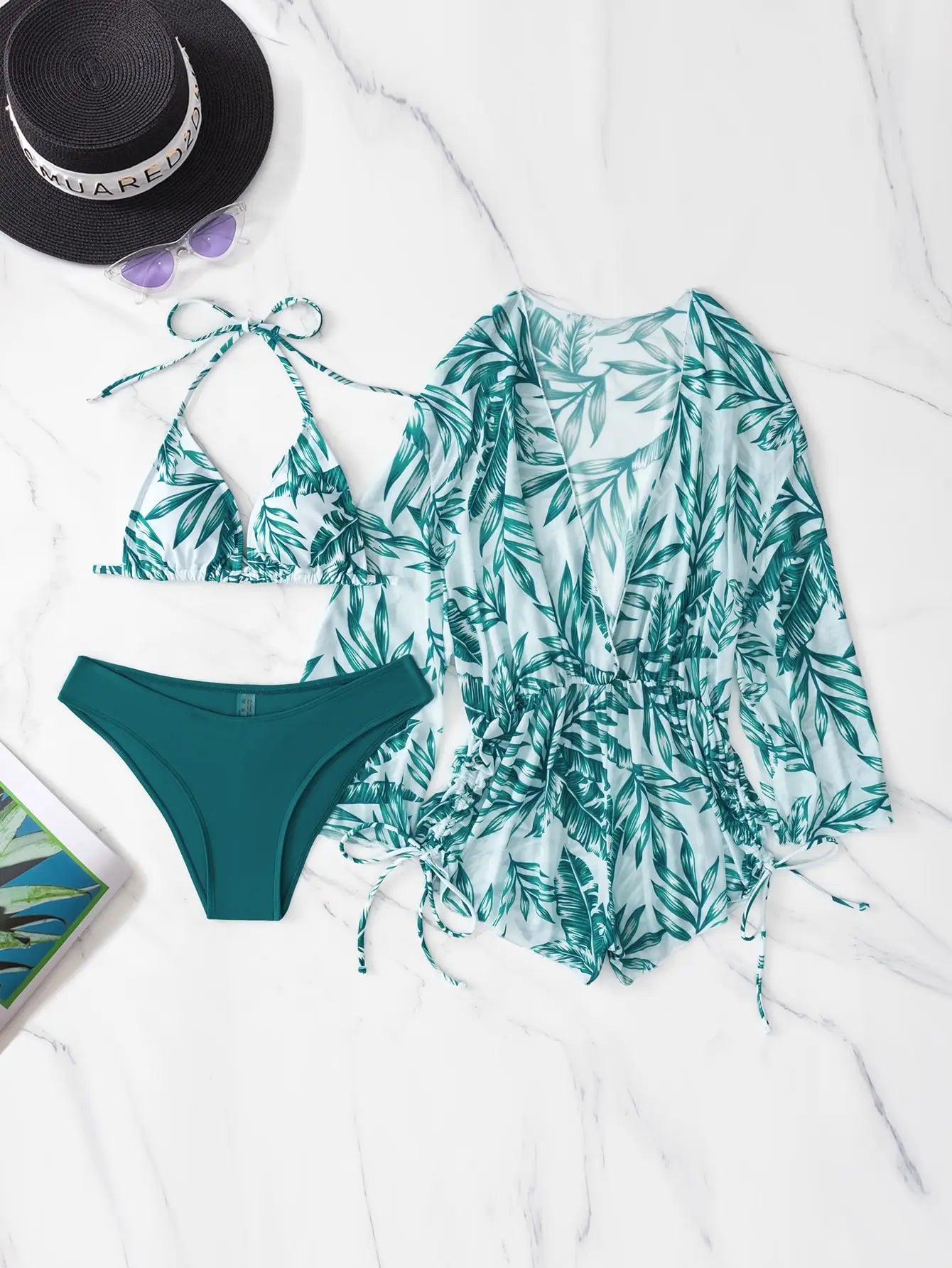 GR | 3-Piece Bikini Tropical Print Swimwear Halter Lace-Up Side Swimsuit Women's Bathing Suit Female Swimming Summer Beachwear