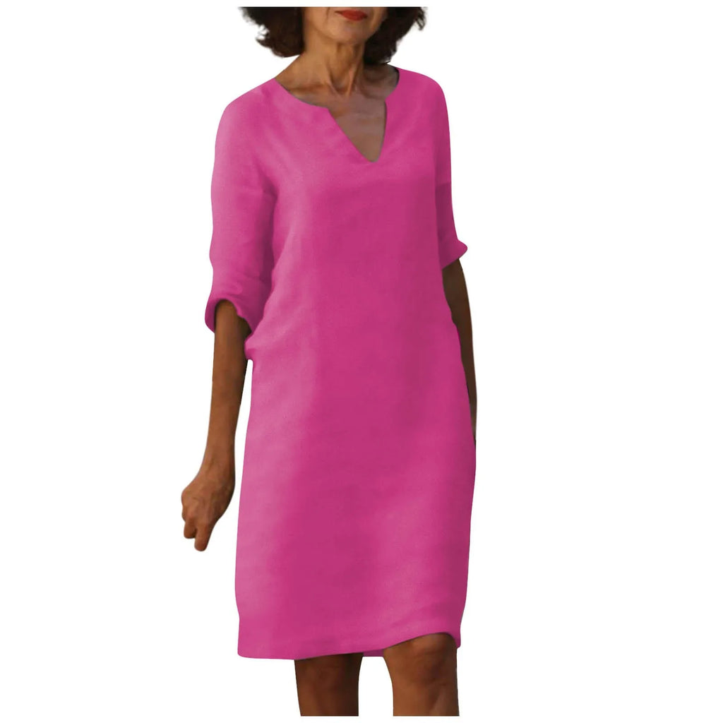 GR | Women's Cotton Linen V-Neck Dress with Half Sleeves