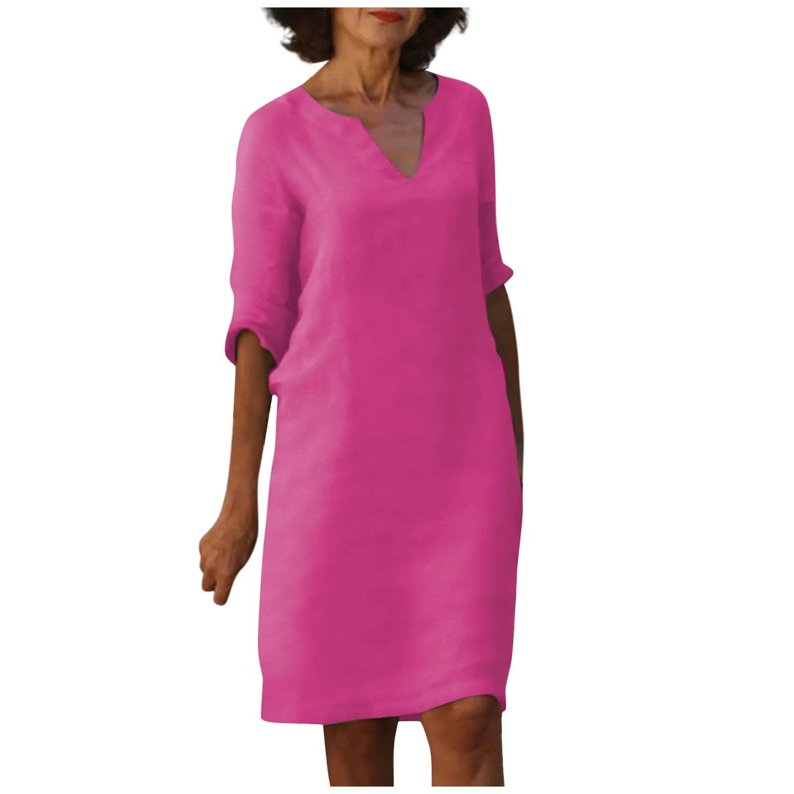 GR | Women's Cotton Linen V-Neck Dress with Half Sleeves