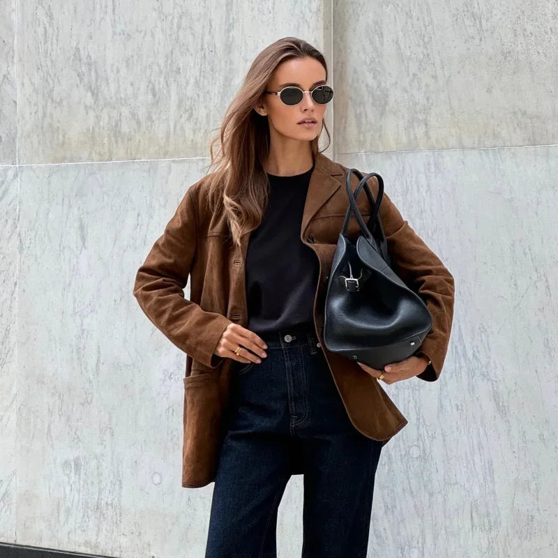 GR | Brown suede jacket with lapels, chic and warm