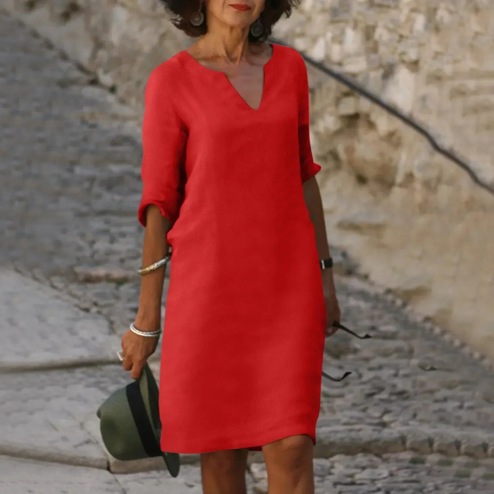 GR | Women's Cotton Linen V-Neck Dress with Half Sleeves