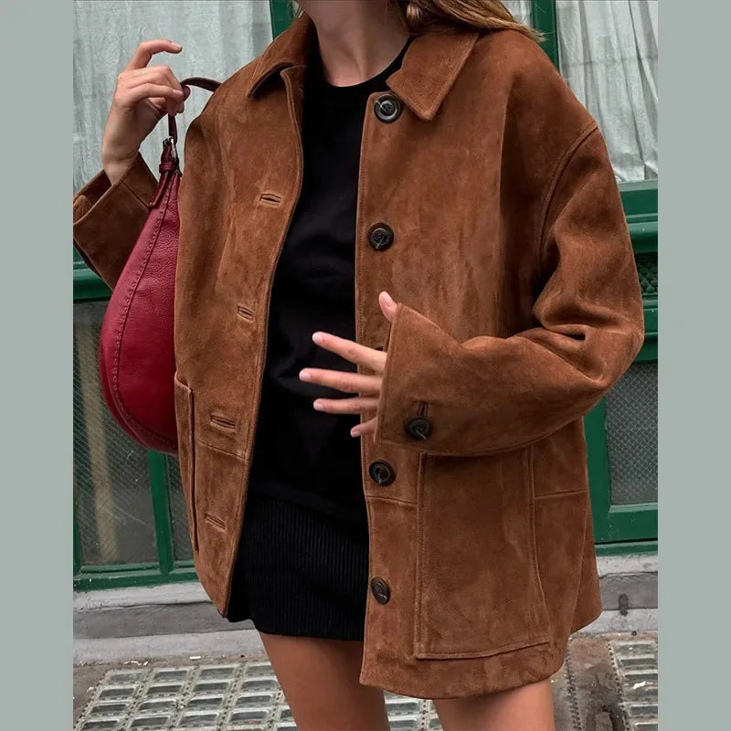 GR | Large suede button-up jacket for women