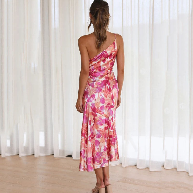 GR | Rosa Blüten Ein Schulter A-linie Satin Kleid Für Damen