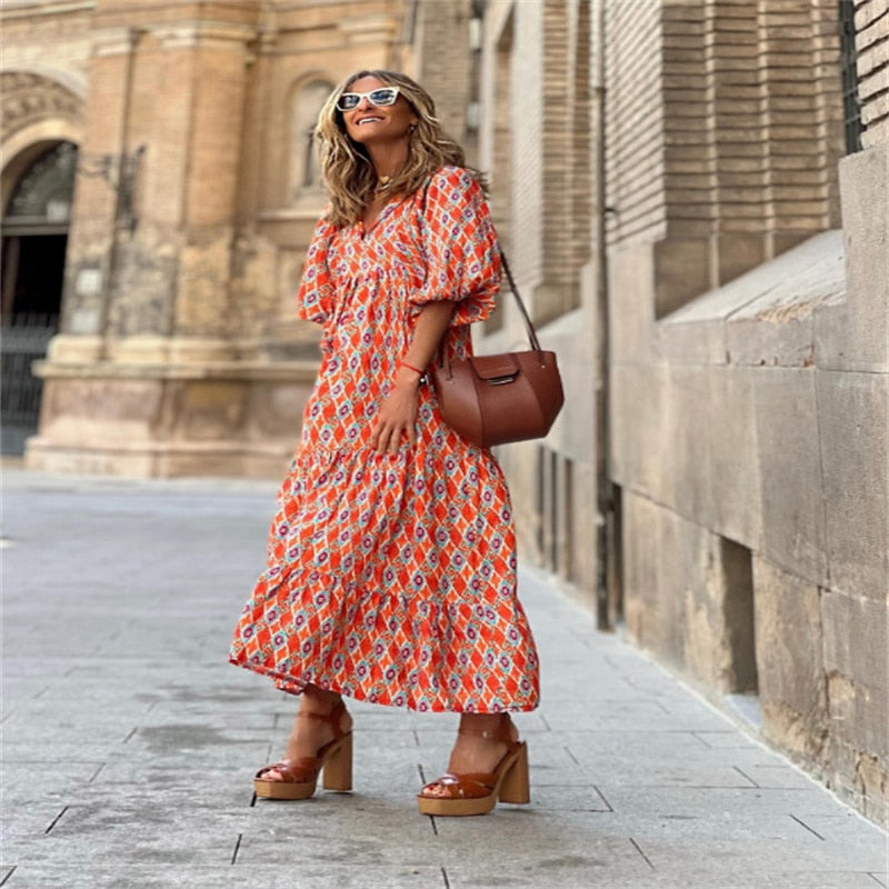 GR | Geometric dress with puff sleeves for women