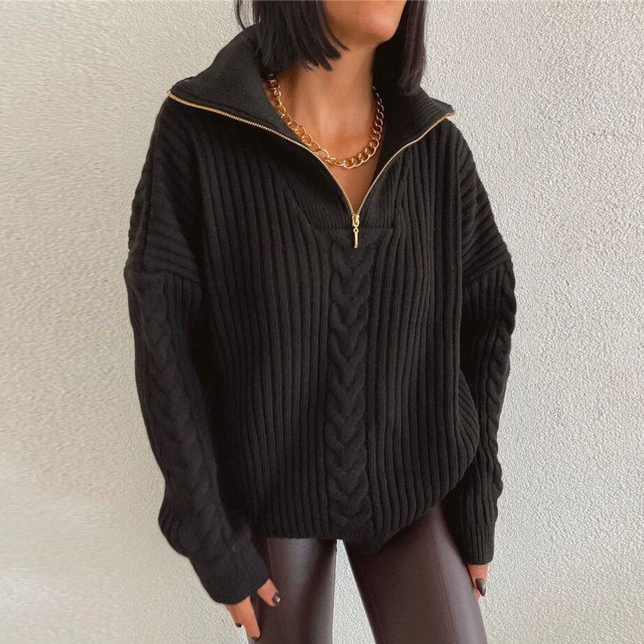 GR V-Sweater | Bequemer Zopfpullover mit V-Ausschnitt, Rollkragen und Reißverschluss