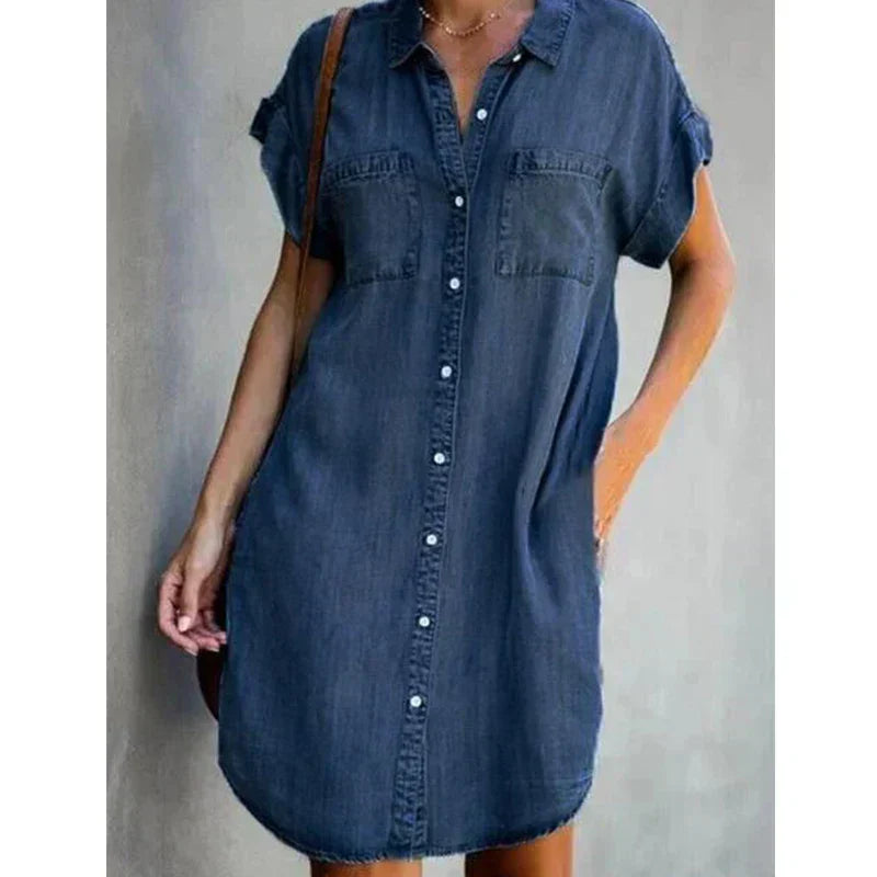 GR | Lässiges Kurzärmeliges Mini Sommerkleid Aus Denim Für Damen Mit Knöpfen