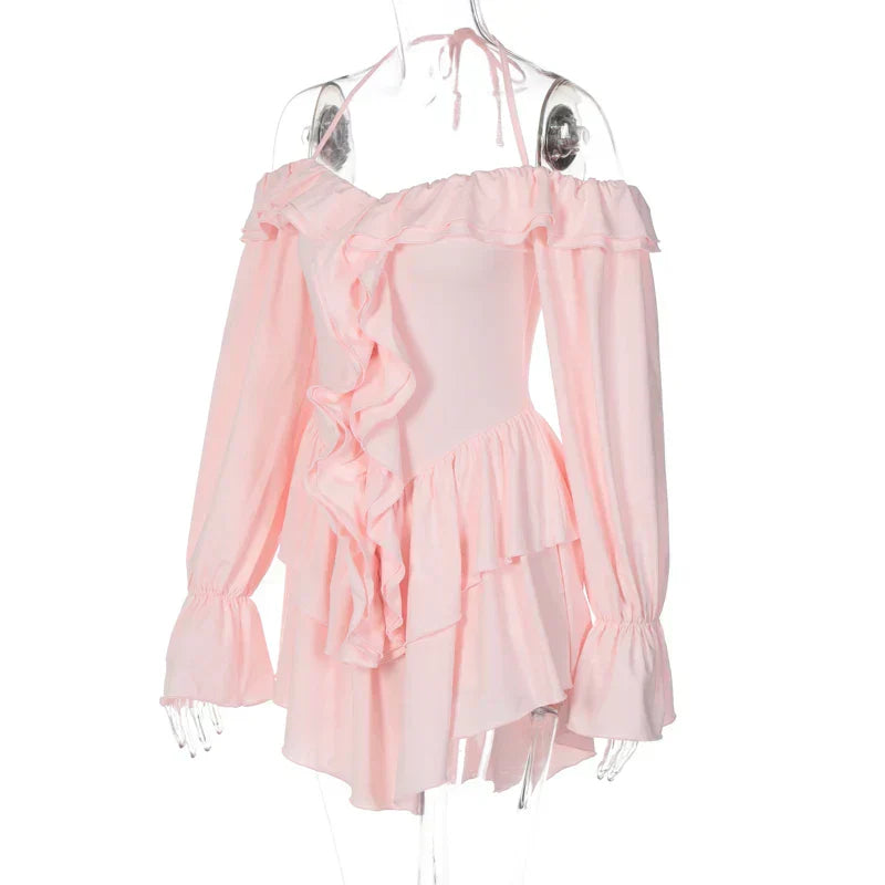 GR | Romantic ruffled romper with exposed shoulders