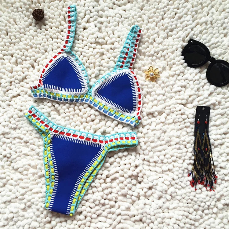 GR | Knitted 2-Piece Bikini Swimsuit for Women, Summer Beach Holiday Swimwear, Sexy Triangle Cup V-Neck Strappy Swimwear