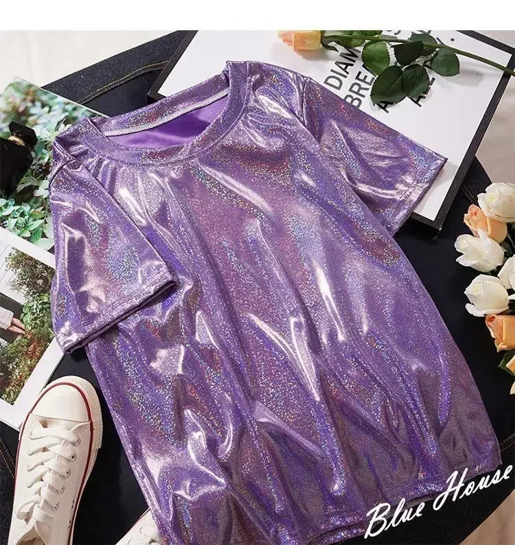 GR | S 5Xl Damen Funkelnd Shiny Metallisch Holografisch Rundhals Kurzarm Lässig Lose Top Festival Party T-Shirt Damenbekleidung
