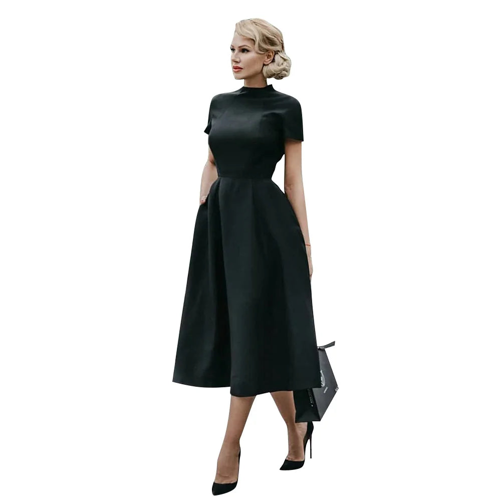 GR | Women's Elegant Black Dress, Half-High Collar, High Waist, A-Line Dresses, Slim Fit Dress, Office Dress, Female Solid Vestidos