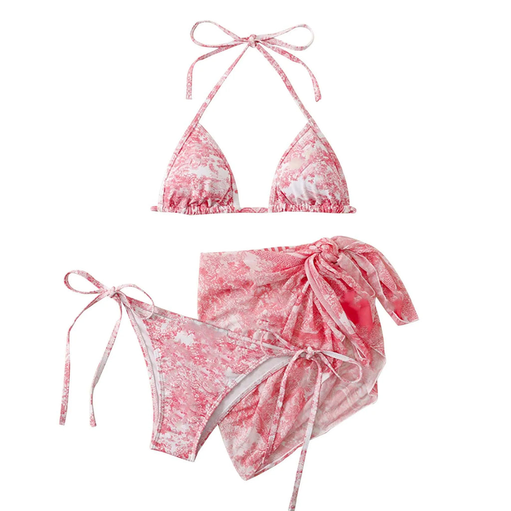 GR | Women's Three-Piece Swimwear Summer Push-Up High Waist Bikini Set with Cover-Up Skirt Tie Dyed Swimming Swimsuit Beachwear