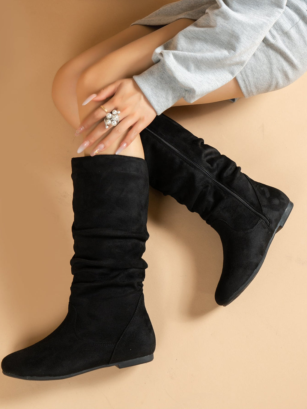 GR | Women's Suede Boots with Side Zipper, Calf-Length, Spring Collection
