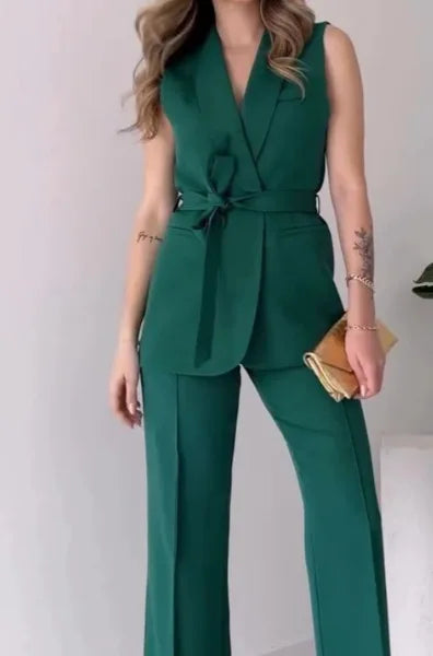 GR | Sleeveless blazer suit, tailored fit, wrap V-neck, wide-leg trousers