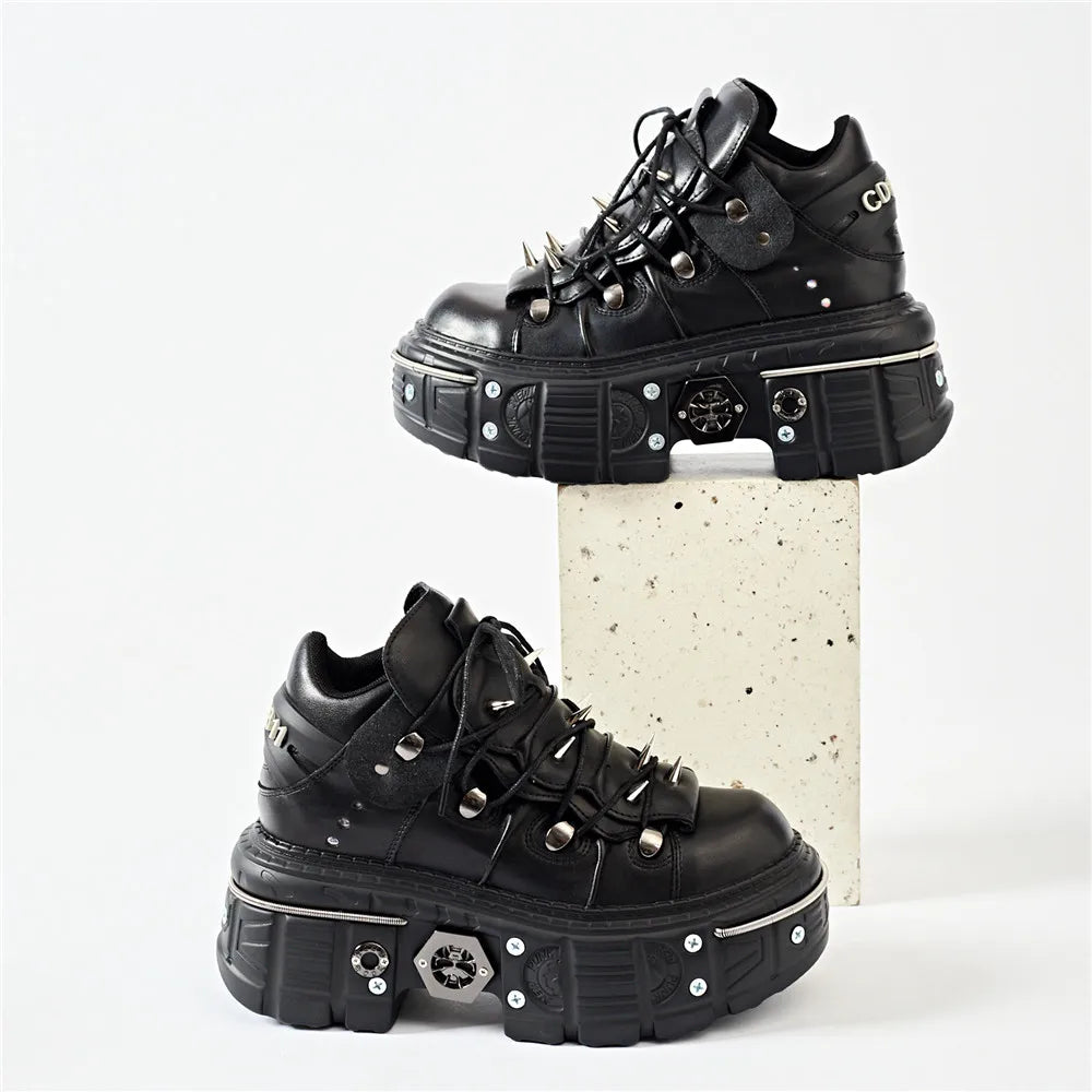 GR | Fashion Women's Ankle Boots, Thin Heels, Round Toe, Lace-Ups, Metal Decoration, Sneakers, Studded, Punk, Gothic, Rock Shoes