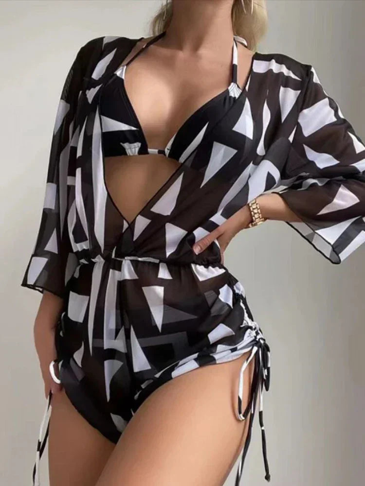 GR | 3-Piece Bikini Tropical Print Swimwear Halter Lace-Up Side Swimsuit Women's Bathing Suit Female Swimming Summer Beachwear