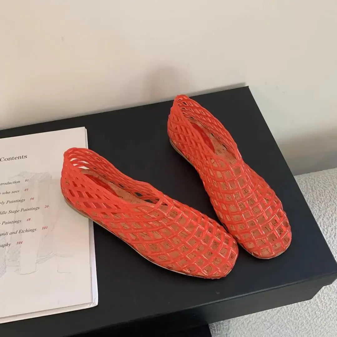 GR | Summer Jelly Shoes Women's Fashion Transparent Mesh Hollow Out Beach Shoes Ladies Flat Sandals Coloured Round Toe Jelly Sandals