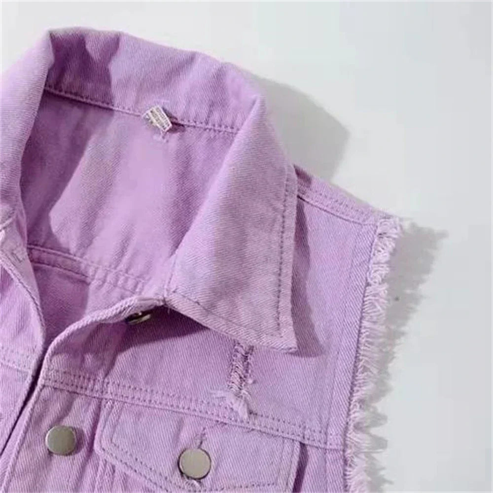 GR | Denim Vest Sleeveless Frayed Button Closure Classic Collar Casual Fit