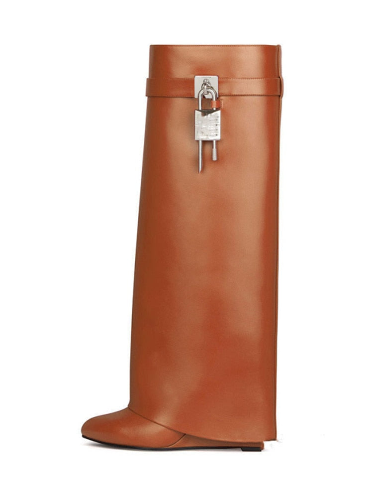 GR | Women's Knee-High Boots Shark Lock Long Thick Soles High Heels Boots Designer Luxury Brand Women's Leather Boots