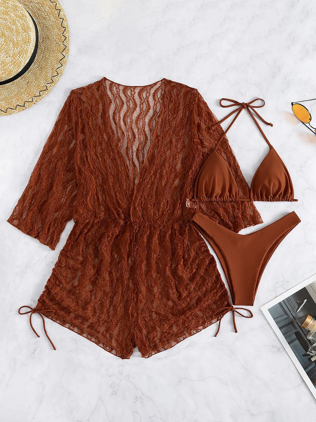 GR | 3-Piece Bikini Tropical Print Swimwear Halter Lace-Up Side Swimsuit Women's Bathing Suit Female Swimming Summer Beachwear
