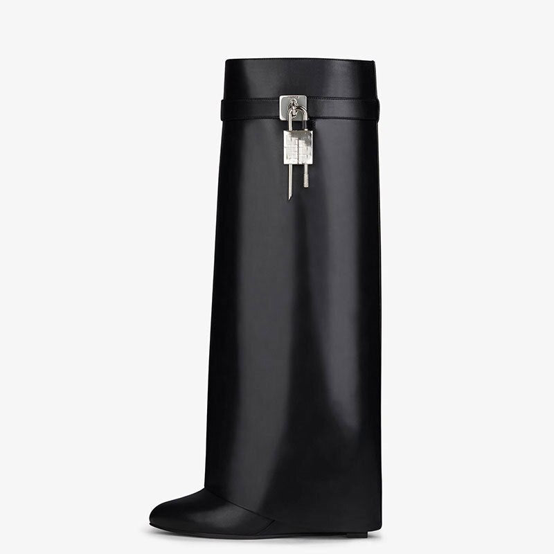 GR | Women's Knee-High Boots Shark Lock Long Thick Soles High Heels Boots Designer Luxury Brand Women's Leather Boots