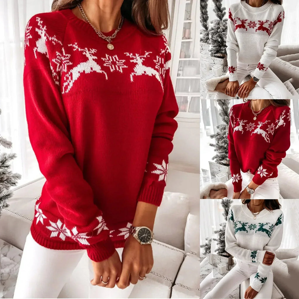 GR - Hässlicher Weihnachtspulli - Bequemer Strickpulli mit O-Ausschnitt, Rentier- und Schneeflockenmuster
