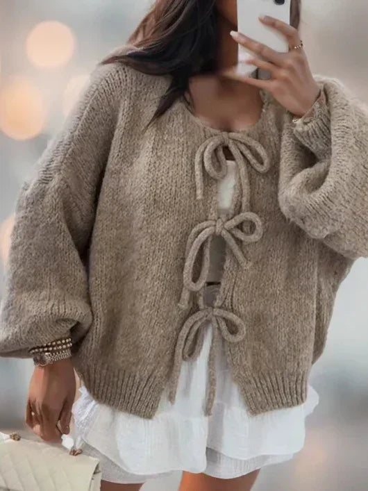GR | Women's knitted cardigan with bow closure