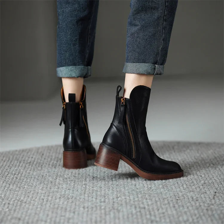 GR | Women's Leather Ankle Boots – Stylish Boots with Block Heels