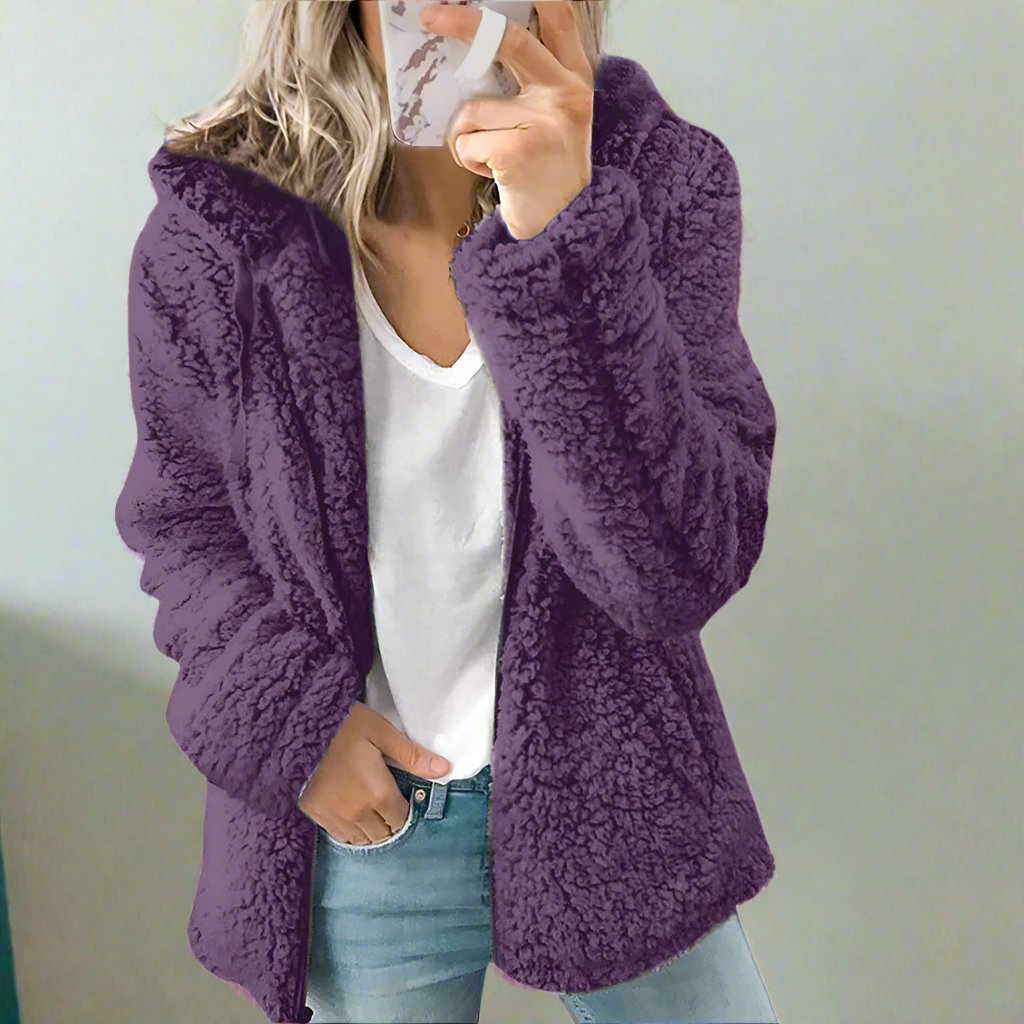 GR | Women's Teddy Fleece Jacket with Hood - Soft Winter Jacket with Zipper
