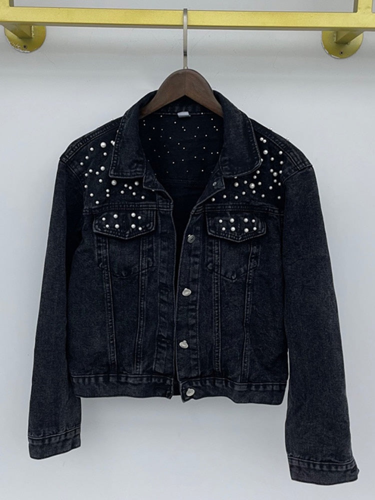 GR | Casual denim jacket with pearls