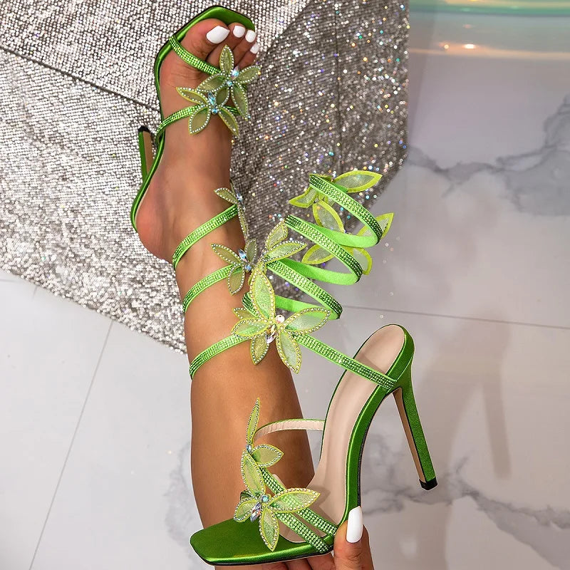 GR | Eilyken Fashion Sexy Peep Toe Crystal Butterfly Knot Ankle Strap Sandals Women's Stiletto High Heels Shoes Banquet Party Pumps Shoes