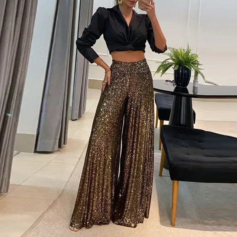 GR Elegant Shiny Sequin Long Trousers