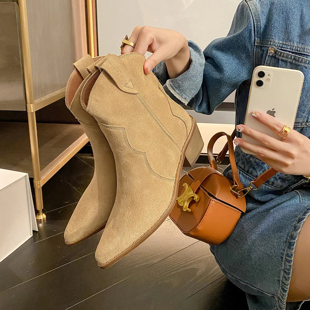 GR | Cowhide Leather Women's Suede Women's Boots with Heel