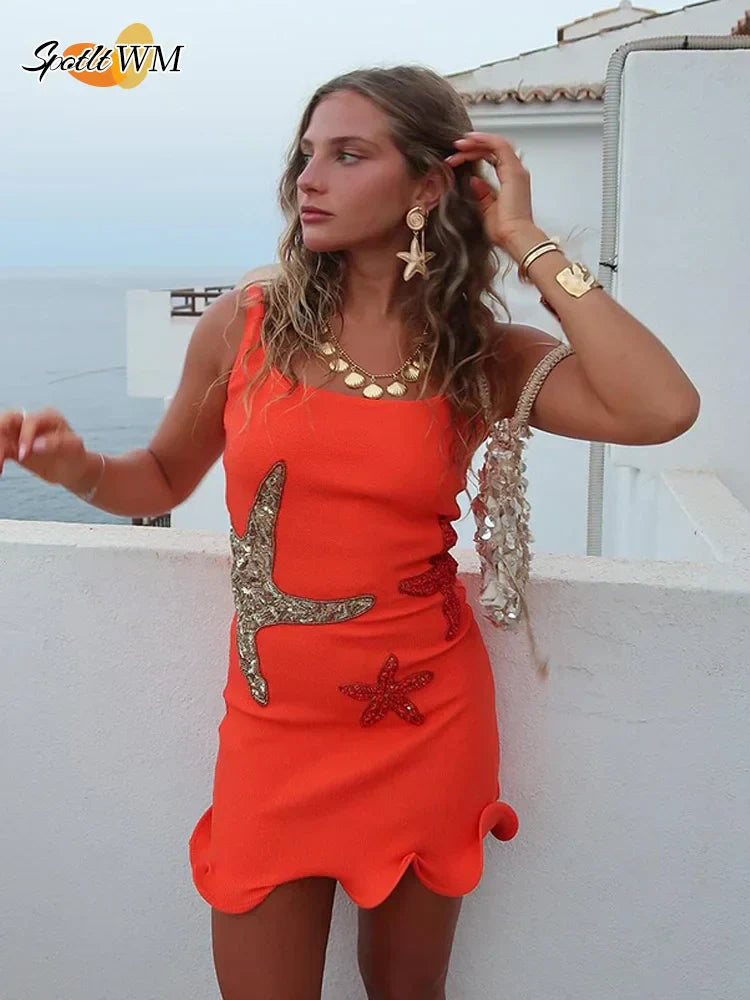 GR | Chic Shinny Seestern Print Rüschensaum Mini Kleid Fashion Bodycon Ärmellos Rückenfrei Kurz Vestidos Sommer Weibliche Strandkleider