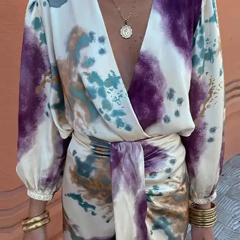GR | Batik-Wickel-Midikleid mit Puffärmeln