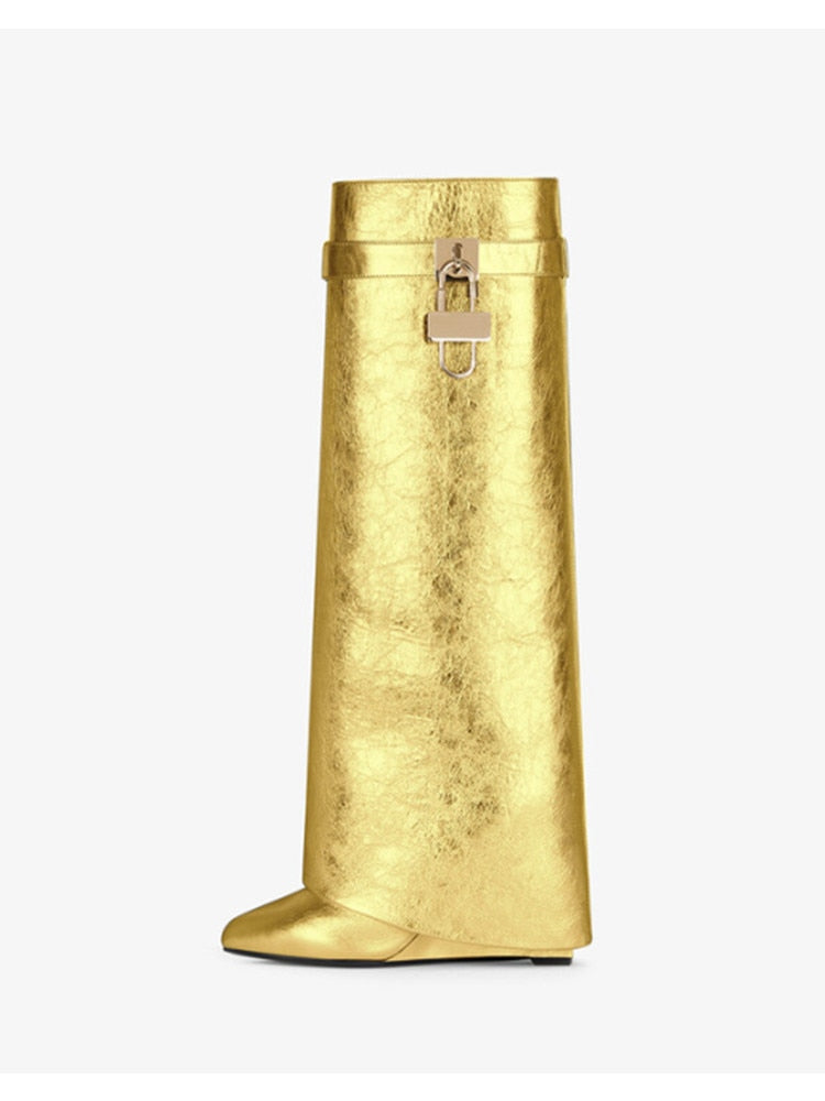 GR | Women's Knee-High Boots Shark Lock Long Thick Soles High Heels Boots Designer Luxury Brand Women's Leather Boots