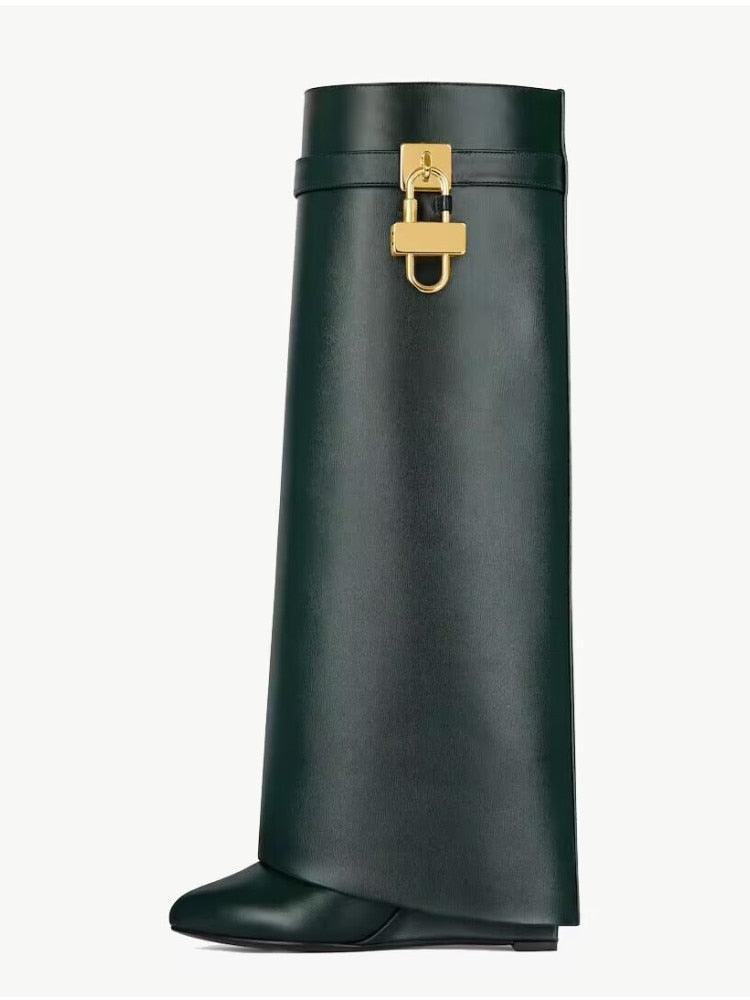 GR | Women's Knee-High Boots Shark Lock Long Thick Soles High Heels Boots Designer Luxury Brand Women's Leather Boots