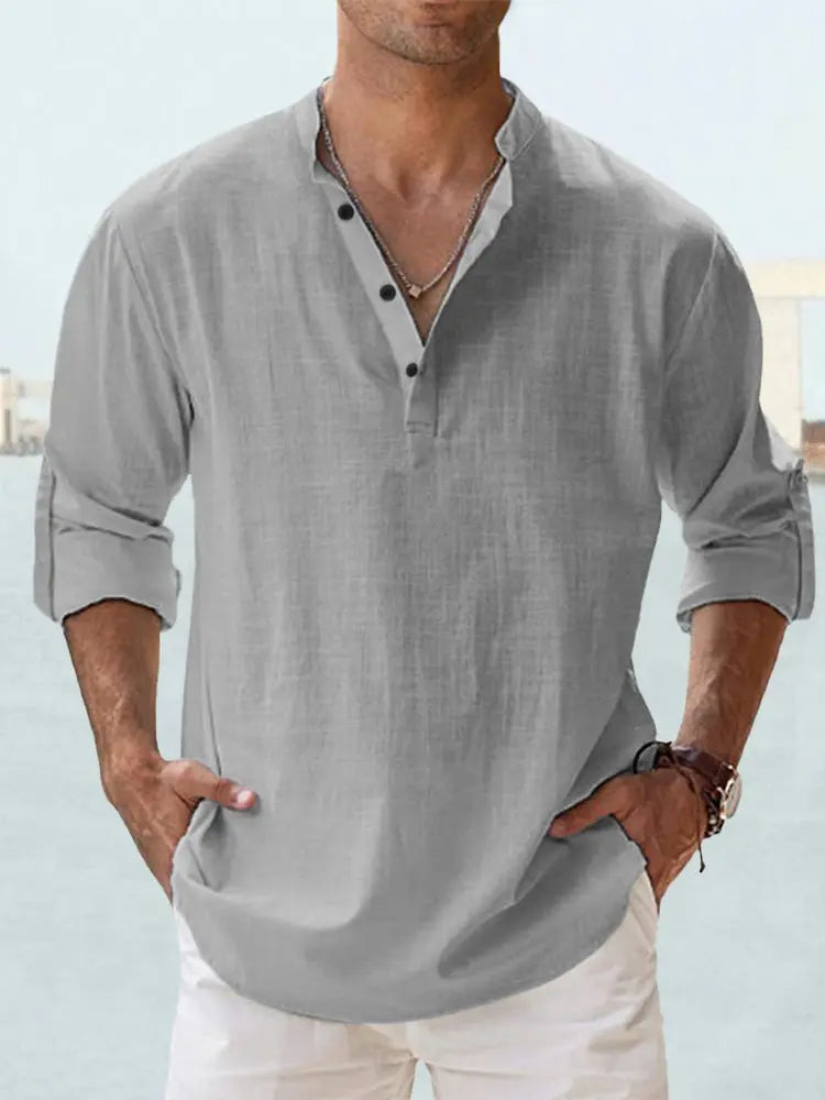 GR | Luftiges Leinenhemd Mit Henley Kragen