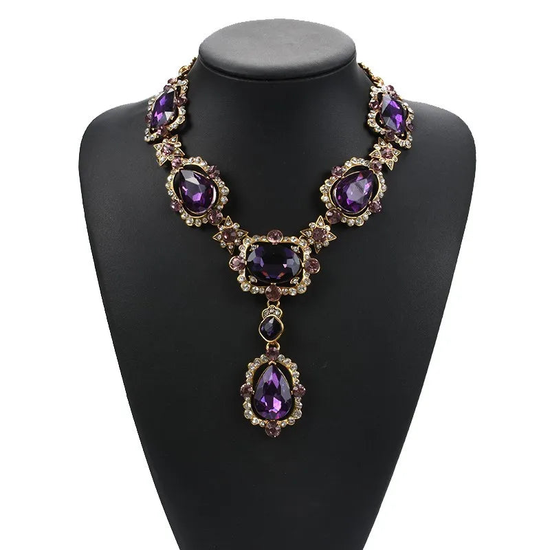 GR | Statement Rhinestones Jewelry Large Gemstone Gem Stone Crystal Victorian Jewelry Green Emerald Bib Necklace for Women