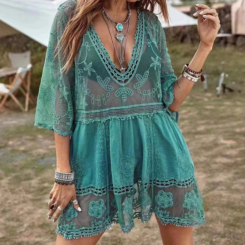 GR | Beach throw V-neck crochet tunic dress