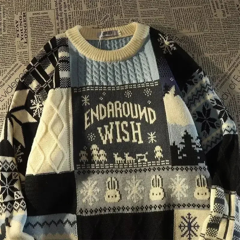 GR - Ugly Christmas Sweater - Loose retro sweater with V-neck and color block design 