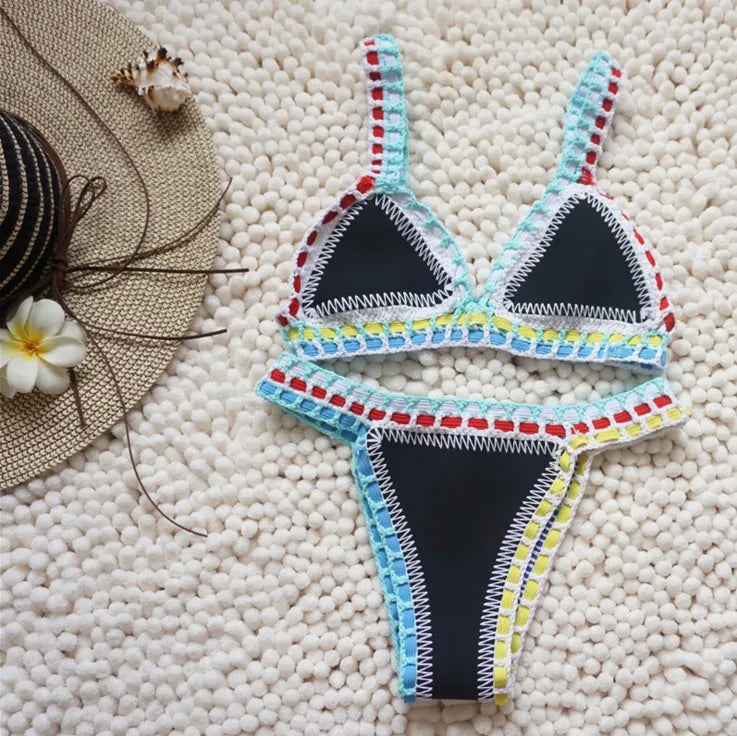 GR | Knitted 2-Piece Bikini Swimsuit for Women, Summer Beach Holiday Swimwear, Sexy Triangle Cup V-Neck Strappy Swimwear