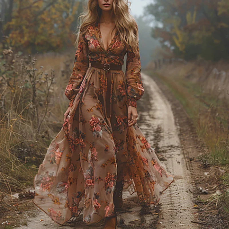 GR | Patterned Printed Long-Sleeved Pleated Dress