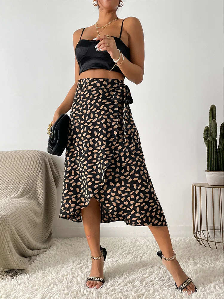 GR Asymmetrischer Rock | Moderner bedruckter A-Linien-Rock mit Bindeseite und hoher Taille für Damen