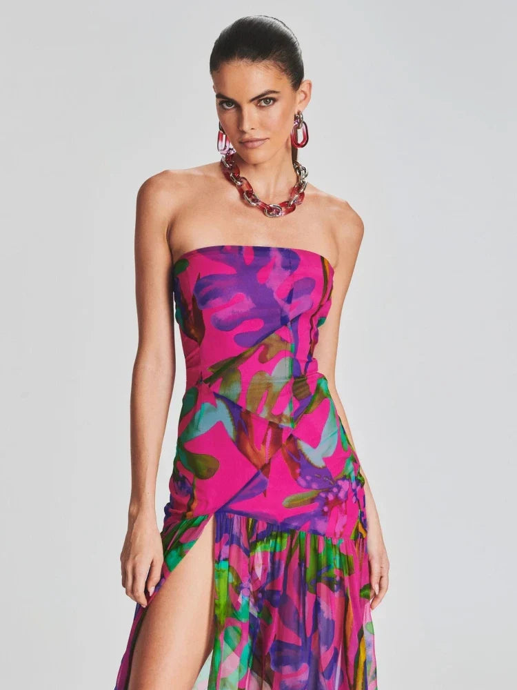 GR | New Summer Print Strapless Mesh Patchwork Slit Long Dress Women Sexy Sleeveless Printed Colorful Holiday Maxi Dress Party