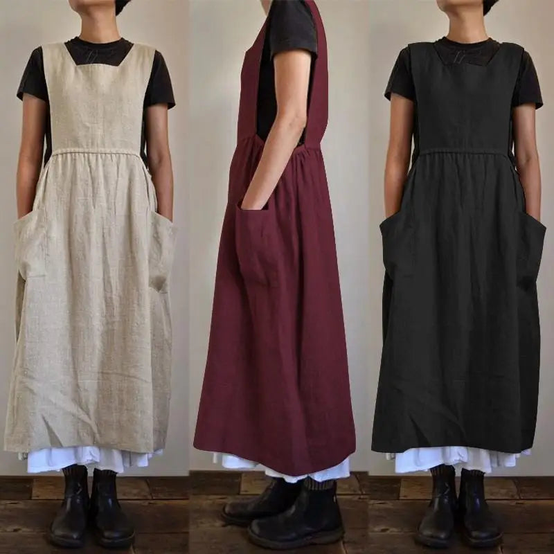 GR | Linen and cotton blend pinafore dress with pockets for women, Pensacola