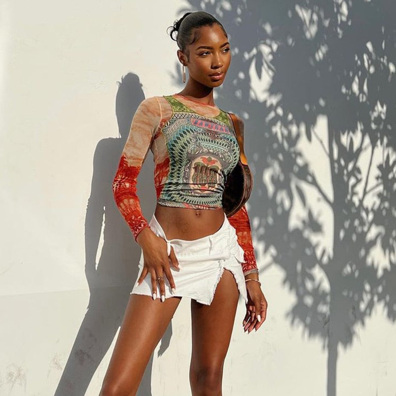 GR | Long-sleeved mesh top with tattoo print
