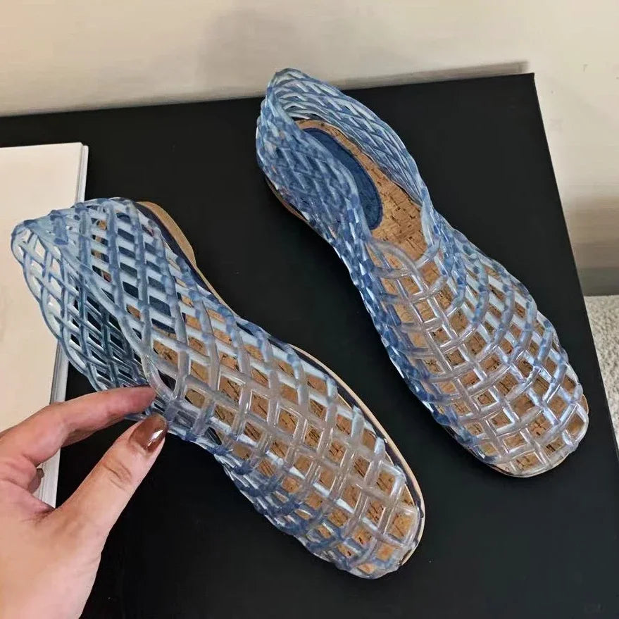 GR | Summer Jelly Shoes Women's Fashion Transparent Mesh Hollow Out Beach Shoes Ladies Flat Sandals Coloured Round Toe Jelly Sandals