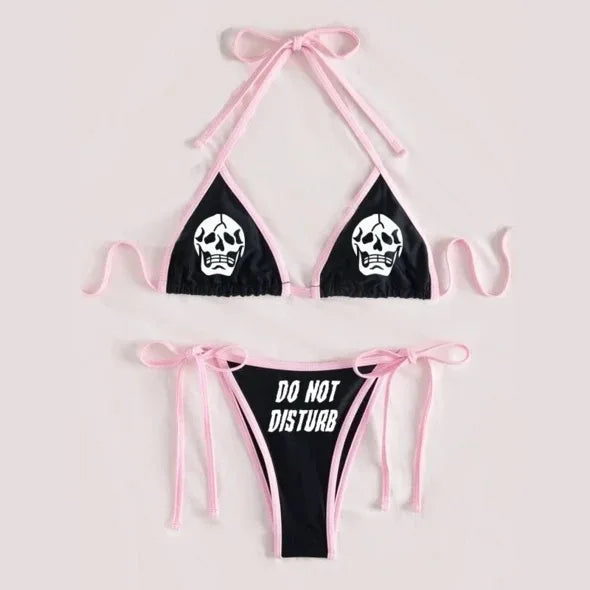 GR | Sexy Goth Bikini Women's Letter Skull Print Swimsuit Split Swimsuit High Waist Gothic Bikini Set Beach Outfits