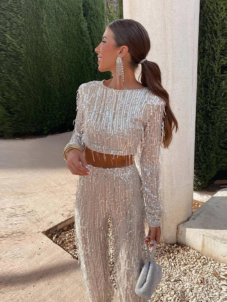 GR | Women's Fashion Sequin 2 Piece Set Sexy Sleeveless Strapless Tank Top Long Loose Pants Luxury Party Club Chic Outfits