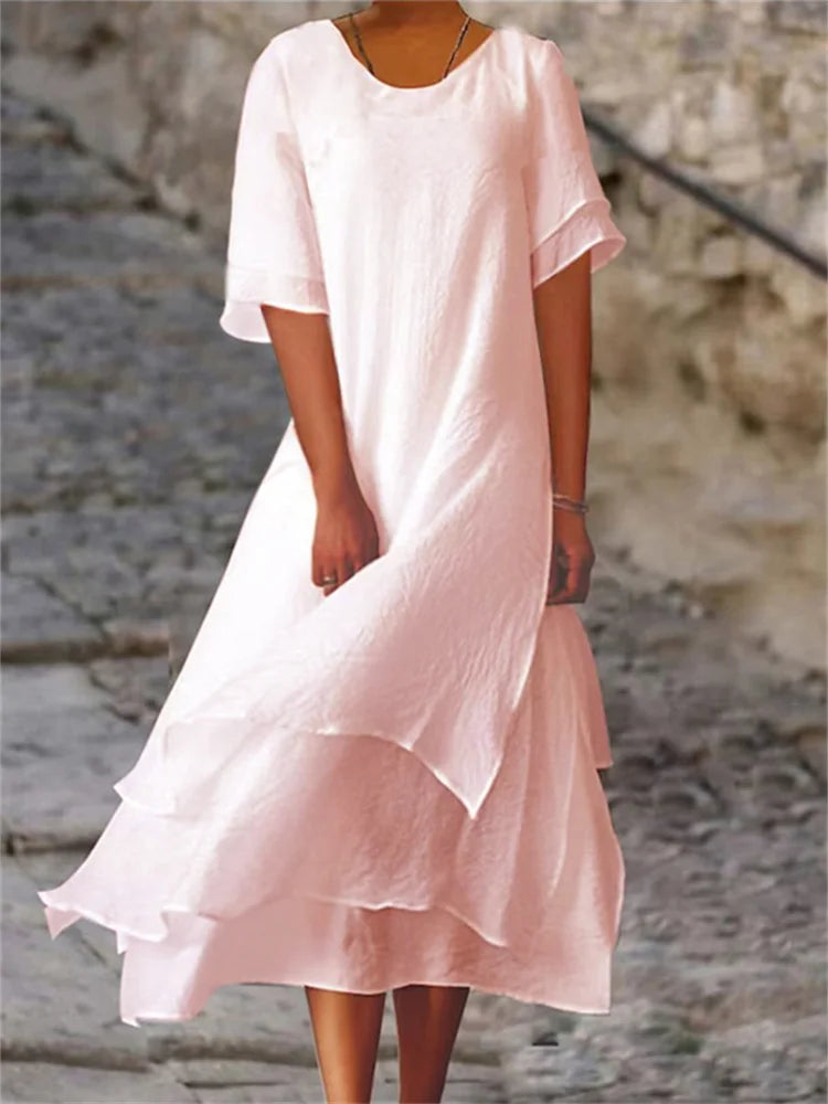 GR | Double-layered slit short-sleeved dress with round neckline